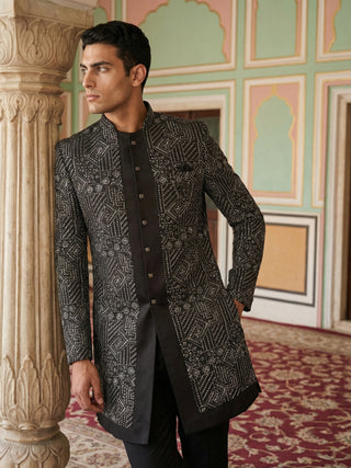 Men Black Embroidered Indo-Western Set