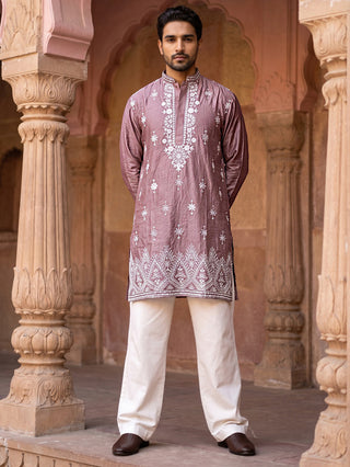 Silk Blend Embroidered Kurta with Korean Pants