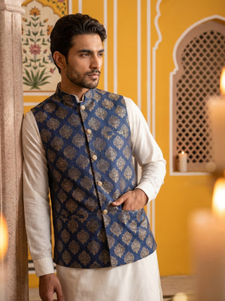 Men's Navy Blue Printed Nehru Jacket With Solid Kurta Pyjama