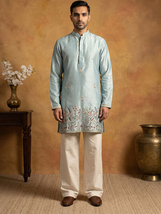 Silk Blend Embroidered Kurta & Korean Pants Set