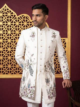 Silk Blend Peacock & Floral Embroidered Indo-Western Set