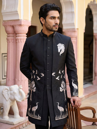 Silk Blend Horse & Crane Embroidered Indo-Western Set