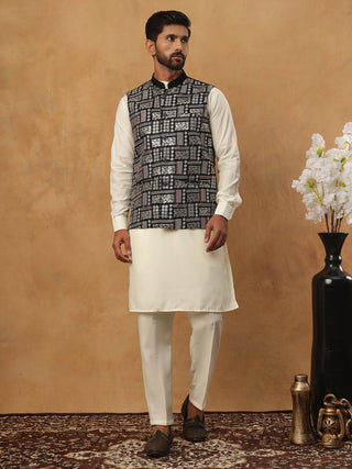 Embroidered Nehru Jacket Set with Solid Kurta Pyjama