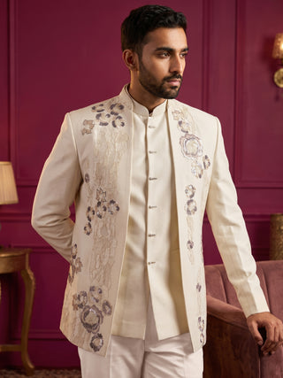 Men Cotton Blend Floral Embroidered Indo-Western Set