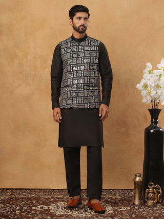 Embroidered Nehru Jacket Set with Solid Kurta Pyjama