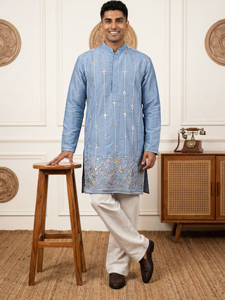Men’s Silk-Blend Embroidered Kurta with Korean Pants