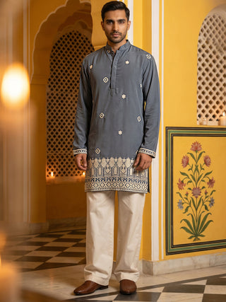 Men's Japanese Fabric Embroidered Kurta with Korean Pants Set