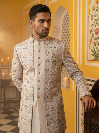 Men Peach Embroidered Indo-Western Set