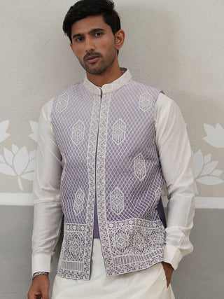 Purple Silk Blend Embroidered Nehru Jacket