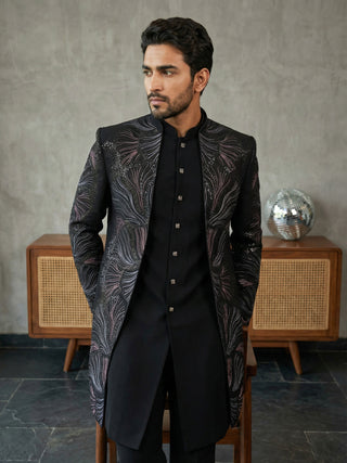 Men Black Embroidered Indo-Western Set