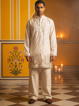 Silk Blend Embroidered Kurta & Korean Pants Set