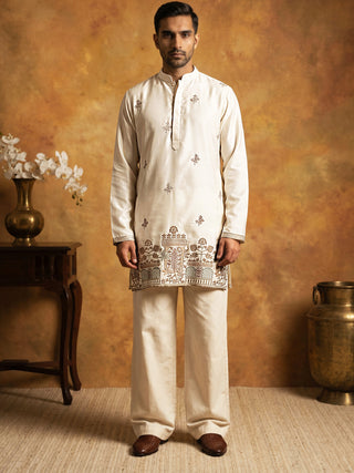 Silk Blend Embroidered Kurta & Korean Pants Set