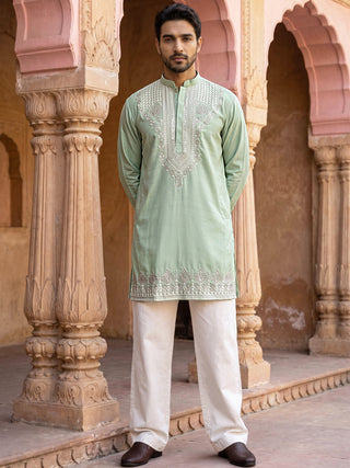 Embroidered Cotton Blend Kurta with Korean Pants