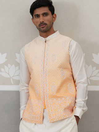 Orange Silk Blend Embroidered Nehru Jacket