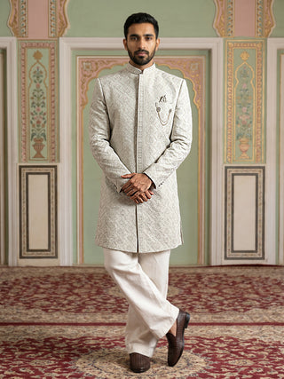 Men's Silk Blend Embroidered Indo-Western Set