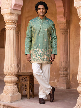 Silk Blend Embroidered Kurta with Korean Pants