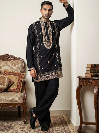 Men's Cotton Blend Embroidered Kurta with Korean Pants