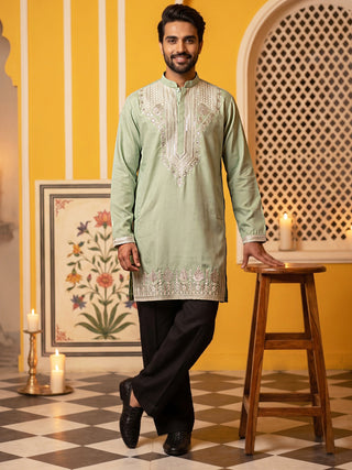 Embroidered Cotton Blend Kurta with Korean Pants