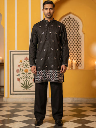 Silk Blend Embroidered Kurta & Korean Pants Set