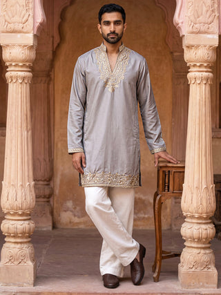 Cotton Blend Embroidered Kurta with Korean Pants