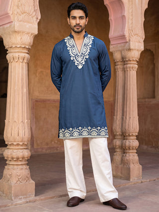 Cotton Blend Embroidered Kurta with Korean Pants