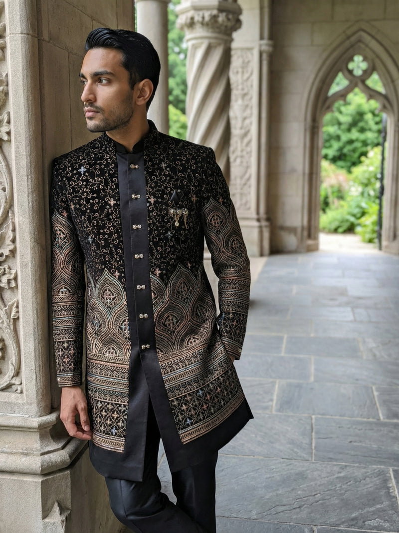 Men’s Black Embroidered Indo-Western Set