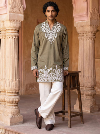 Embroidered Cotton Blend Kurta with Korean Pants