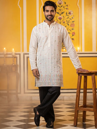 Men’s Silk-Blend Embroidered Kurta with Korean Pants