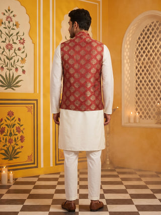 Men's Maroon Printed Nehru Jacket With Solid Kurta Pyjama