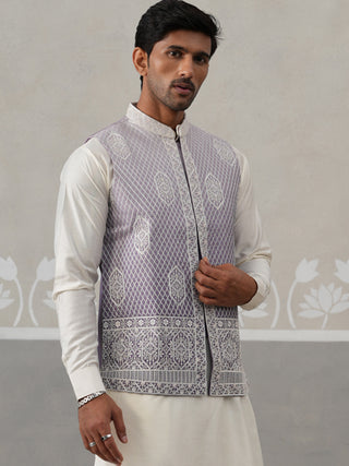 Purple Silk Blend Embroidered Nehru Jacket