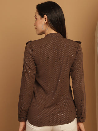 Coffee Brown Woven Design Frill Top