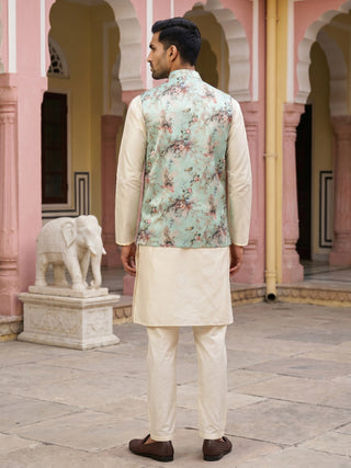 Men's Silk Blend Kurta Set with Printed Nehru Jacket