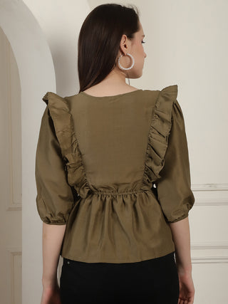 Brown Solid Women's Top With Frills