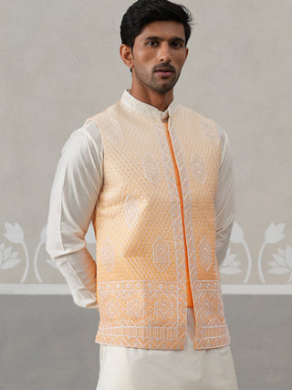 Orange Silk Blend Embroidered Nehru Jacket