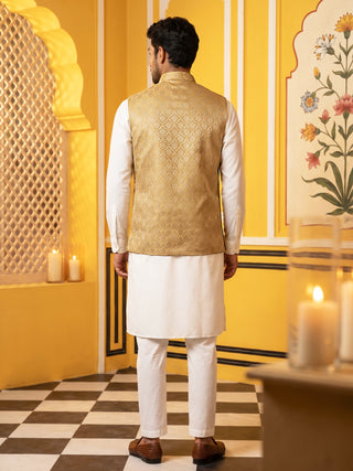 Woven Design Nehru Jacket With Solid Kurta Pyjama for Men