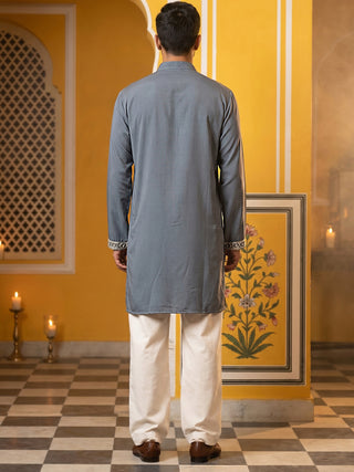 Men's Japanese Fabric Embroidered Kurta with Korean Pants Set