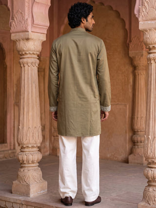 Embroidered Cotton Blend Kurta with Korean Pants