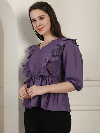 Purple Solid Women's Top With Frills