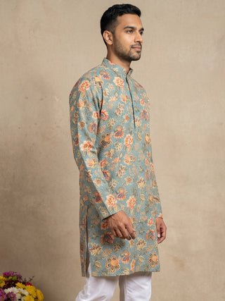 Floral Print & Thread Work Kurta for Men