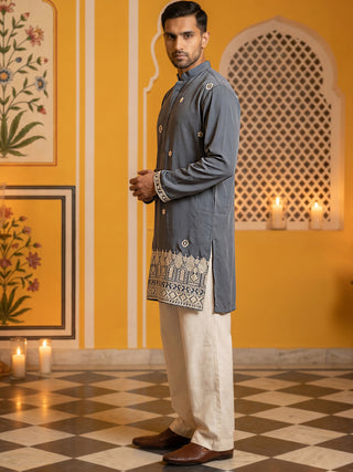 Men's Japanese Fabric Embroidered Kurta with Korean Pants Set