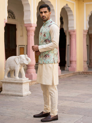 Men's Silk Blend Kurta Set with Printed Nehru Jacket
