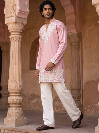 Embroidered Cotton Blend Kurta with Korean Pants
