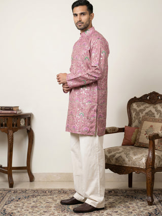 Silk Blend Foil Print Kurta & Korean Pants Set