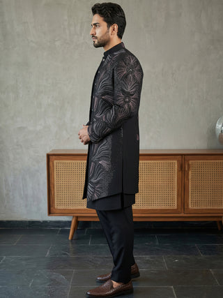 Men Black Embroidered Indo-Western Set