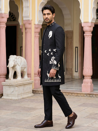 Silk Blend Horse & Crane Embroidered Indo-Western Set