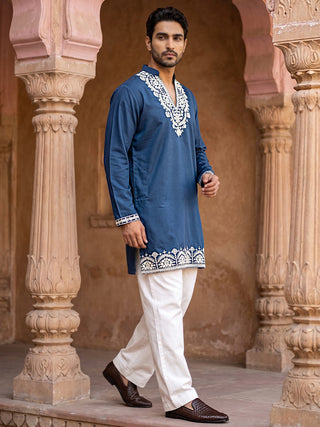 Cotton Blend Embroidered Kurta with Korean Pants