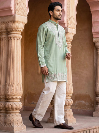Embroidered Cotton Blend Kurta with Korean Pants