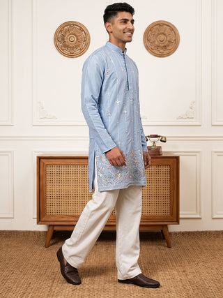 Men’s Silk-Blend Embroidered Kurta with Korean Pants