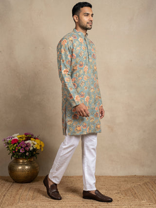 Floral Print & Thread Work Kurta Pyjama Set