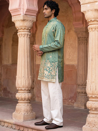 Silk Blend Embroidered Kurta with Korean Pants